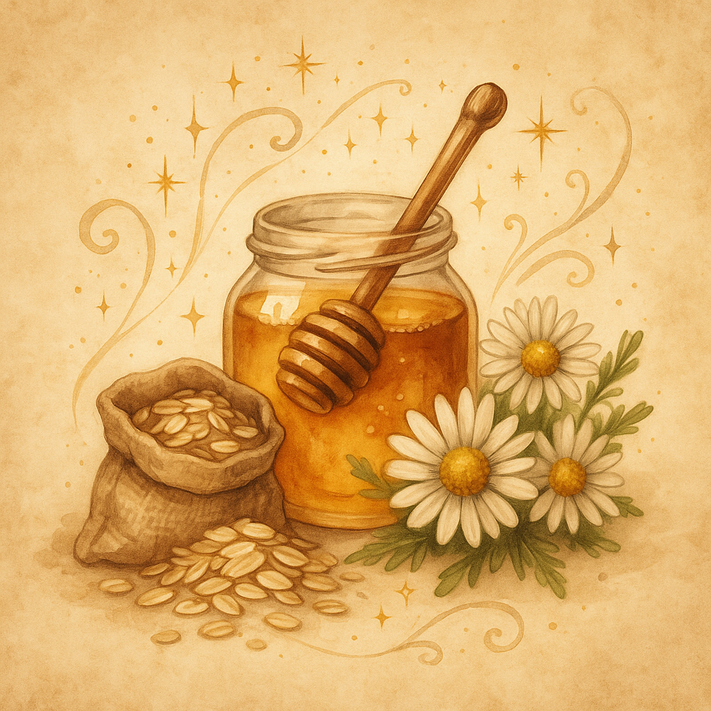 Aquarell-Illustration: Honigglas, Kamillenblüten und Hafer auf Pergament