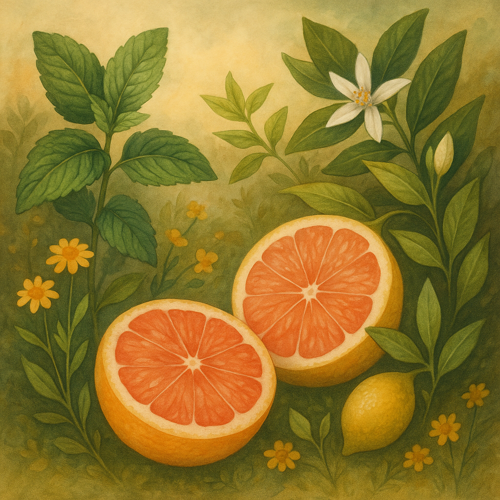 Illustration mit Grapefruithälften, Minzblättern, Zitronenblüten und Sommerblumen im Cottagecore-Stil