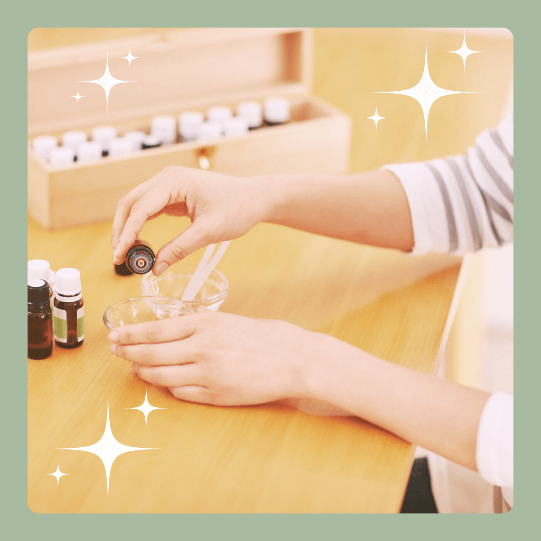 Achtsame Anwendung ätherischer Öle in der Naturkosmetik – Dosierung mit Pipette und Glasgefäß.
